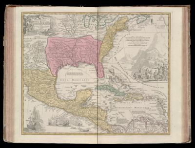 Regini Mexicani seu Novae Hispaniae, Ludovicianae, N. Angliae, Carolinae, Virginiae, et Pensylvaniae nec non insularum archipelagi Mexicani in America septentrionali accurata tabula exhibita Â. Joh. Batista Homanno. Noribergae cum privilegio sac. caes maj
