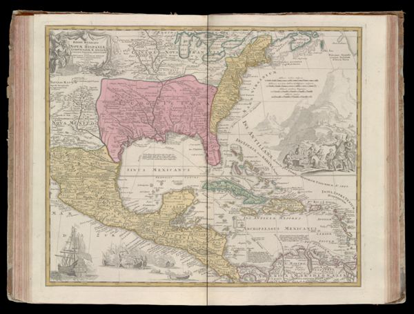 Regini Mexicani seu Novae Hispaniae, Ludovicianae, N. Angliae, Carolinae, Virginiae, et Pensylvaniae nec non insularum archipelagi Mexicani in America septentrionali accurata tabula exhibita Â. Joh. Batista Homanno. Noribergae cum privilegio sac. caes maj
