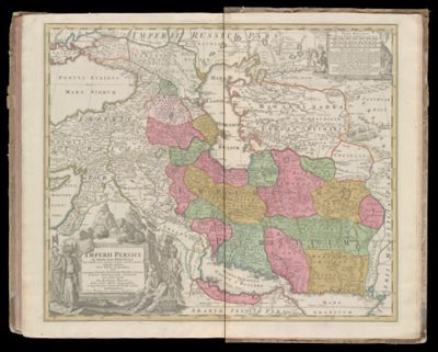 Imperii Persici in imnes suas provincias (tam veteribus quam modernis earundem nominibus signatas) exacte divisi nova tabula geographica, quam ex praecipuis Olearii, Tavernieri, Relandi aliorumque recentium authorum scriptis concinnatam luci publicae exponit Jo. Baptista Homann SAC. CAS. MAG. Geographus et Regiae Borussicae Scientiarum Societatis membrum Norimbergae cum privilegio Sac. Caefarece Majestatis.