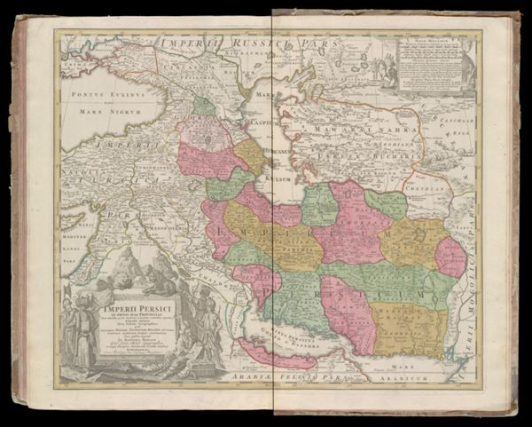 Imperii Persici in imnes suas provincias (tam veteribus quam modernis earundem nominibus signatas) exacte divisi nova tabula geographica, quam ex praecipuis Olearii, Tavernieri, Relandi aliorumque recentium authorum scriptis concinnatam luci publicae exponit Jo. Baptista Homann SAC. CAS. MAG. Geographus et Regiae Borussicae Scientiarum Societatis membrum Norimbergae cum privilegio Sac. Caefarece Majestatis.