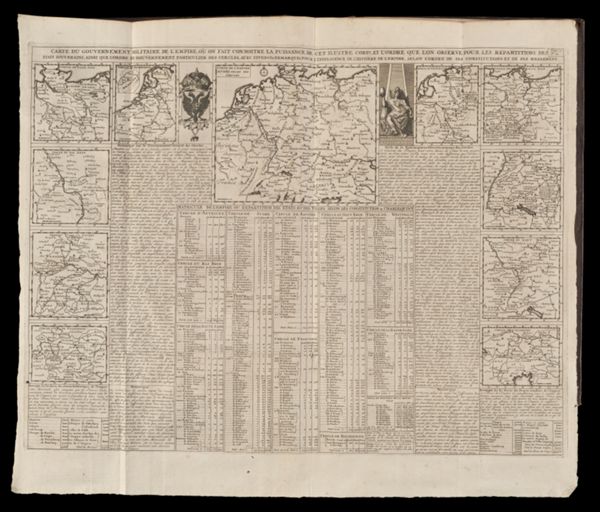 Carte du gouvernement militaire de l'empire, ou on fait connoitre la puissance de cet ilustre corp, et l'ordre que l'on observe pour les repartitions des etat souverains, ainsi que l'ordre du gouvernement particulier des cercles, avec diverses remarques pour l'inteligence de l'histore de l'empire, selon l'ordre de ses constitutions et de ses reglemens. Tome 2 No. 25. Carte de l'empire divisee selon ses cercles.