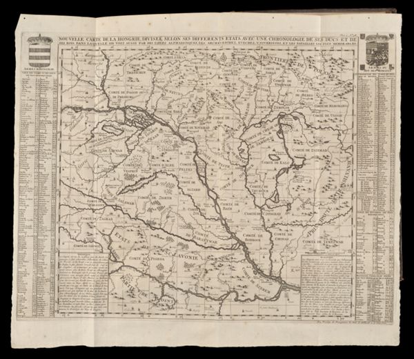 Nouvelle carte de la Hongrie, diviseé selon ses differents etats, avec une chronologie de ses Ducs et de ses Rois, dans la'quelle on voit aussi par des tables alphabetiques, les arche'veschez, evechez, universitez, et les battailles les plus memorables. Tome 2. No. 38.