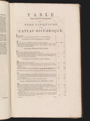 Table pour l'ordre & l'arrangement du Tome Cinque'me de L'Atlas Historique.