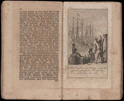 Die Einwohner von Boston werfen den englisch - ostindischen Thee ins Meer am 18, December 1773.