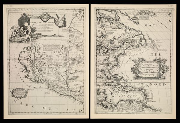 [Plate IX, X] America Settentrionale Colle Nuove Scoperte fin all; Anno 1688 Puusa nelle sue parti Secondo lo Stato presente, e Descritta dal P. Mro Coronelli M.C. Cosmografo, della Serenis:ma Repub:ca di Venezia. Dedicata All' Ill.mo, et Reu.mo Monsig.r Felic Antonio Marsily Archidiacono della Catedrale di Bologna.[1942 copy of 1688 original]