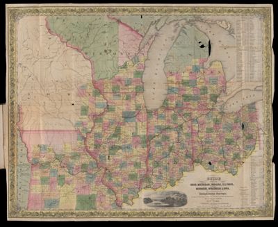 Guide through Ohio, Michigan, Indiana, Illinois, Missouri, Wisconsin, & Iowa. Showing the Township lines of the United States Surveys, Location of Cities. Towns. Villages. Post Hamlets. Canals. Rail and Stage Roads.