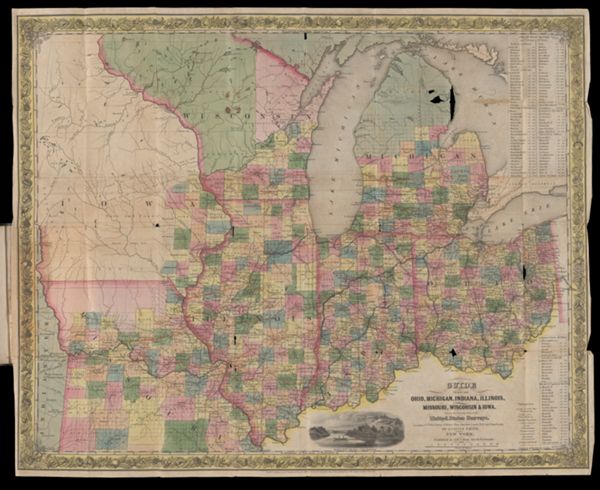 Guide through Ohio, Michigan, Indiana, Illinois, Missouri, Wisconsin, & Iowa. Showing the Township lines of the United States Surveys, Location of Cities. Towns. Villages. Post Hamlets. Canals. Rail and Stage Roads.