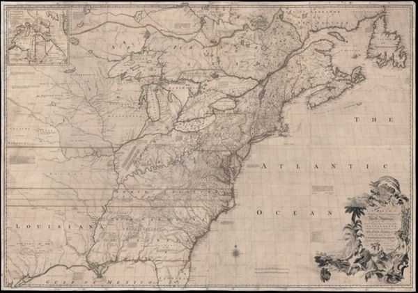 A Map of the British and French Dominions in North America. WITH THE Roads, Distances, Limits, and Extent of the SETTLEMENTS, Humbly Inscribed to the Right Honourable The Earl of Halifax, And the...