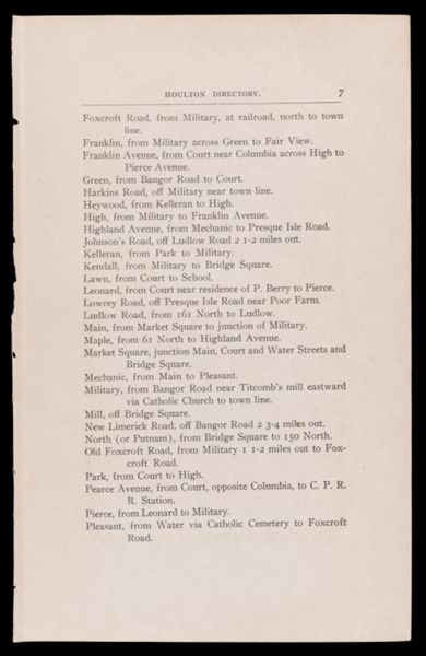 The Houlton Directory. Streets, Avenues, Roads.