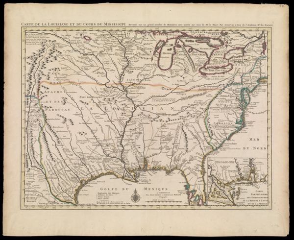 Carte de la Louisiane et du Cours du Mississipi Dressee sur un grand nombre de Memoires entr' autres sur ceux de Mr. le Maire par Guillaume de L'Isle de l'Academie Rle. des Sciences.