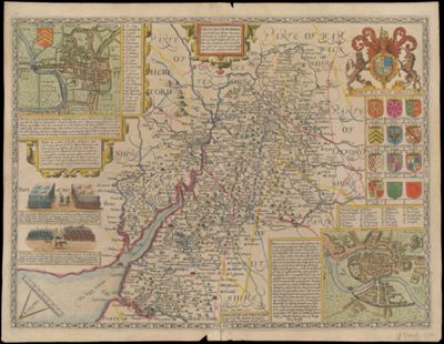 Glocestershire: contriued into thirty thre seuerall hundreds & those againe into foure principall deuisions, the citie of Glocester & Bristowe discribed with the armes of such noble men as have been dignified with ye titlles of earles & dukes thereof