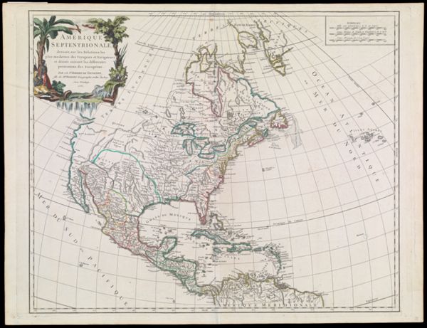 Amerique Septentrionale Dressee, sur les Relations les plus modernes des Voyageurs et Navigateurs, et divisee suivant les differentes possessions des Europeens. Par le Sr. Robert de Vaugondy, fils de Mr. Robert Geographe ordin. du Roy. Avec Privilege. 1750.