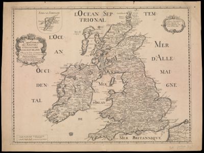 Carte Generale des Royaumes d'Angleterre, Escosse et Irlande Avecq les Isles cironuoisines Conues toutes sous le nom de Britanniques Nouvellement dressee et tiree de Cambdene, Spede et autres
