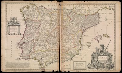 A New and Exact Map of Spain & Portugal Divided into its Kingdoms and Principalities & c with ye Principal Roads and considerable Improvements, the whole rectify'd according to ye Newest Observations, by H. Moll Geographer, 1711.