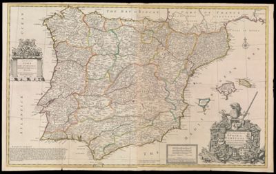 A New and Exact Map of Spain & Portugal Divided into its Kingdoms and Principalities & c with ye Principal Roads and considerable Improvements, the whole rectify'd according to ye Newest Observations, by H. Moll Geographer, 1711.