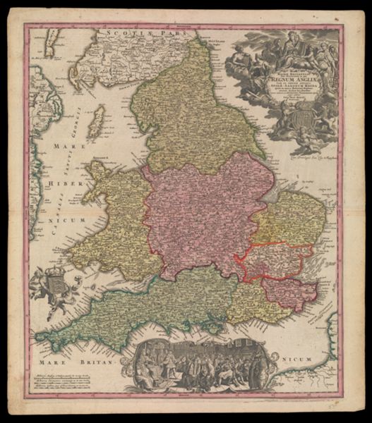 Magnae Britanniae Pars Meridionalis in qua Regnum Angliae tam in septem antiqua Anglo-Saxonum Regna quam in omnes Hodiernas Regiones accurate divisum hic ostenditur quam tabula ab Archetypo Vischeriano desumptam exhibet Joh. Bapt. Homan, Noribergae.