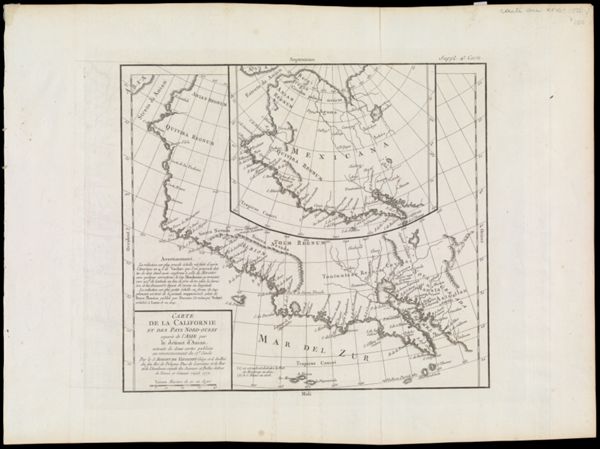 Carte de la Californie et des Pays Nord-Ouest separes de l'Asie par le detroit d'Anian, extraite de deux cartes publiees au commencement du 17e. siecle par le S. Robert de Vaugondy Geog. ord du Roi de feu Roi de Pologne Duc de Lorraine et de Bar et de l'Acadmie Royale des Sciences et Belles-lettres de Nanci, et Censeur royal 1772.
