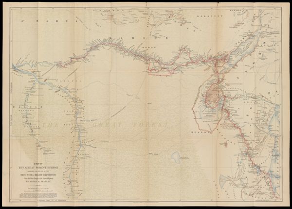 A Map of the Great Forest Region showing the routes of the Emin Pasha Relief Expedition from the River Congo to Victoria Nyanza.