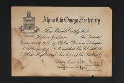 Helene Jackson Initiation Certificate, September 20, 1921