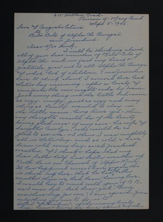 Bertha Deniston Cunningham to Beta Beta Chapter Letter, September 5, 1946