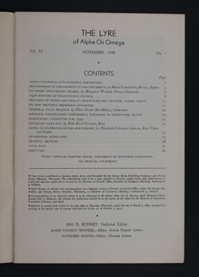 The Lyre of Alpha Chi Omega, Vol. 52, No. 1 Table of Contents