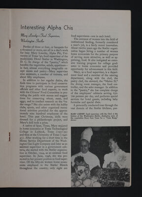 Interesting Alpha Chis: Mary Lisenby - Food Supervisor, Washington Statler, November 1948