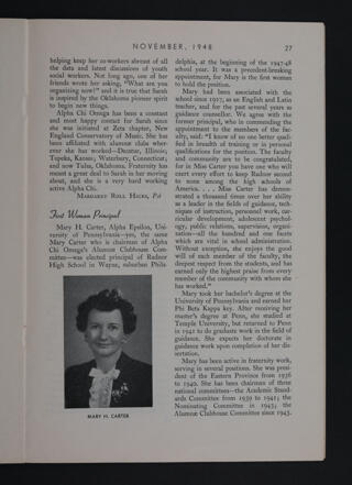 Interesting Alpha Chis: First Woman Principal, November 1948