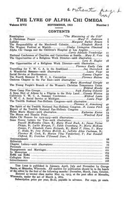 The Lyre of Alpha Chi Omega, Vol. 17, No. 1, November 1913