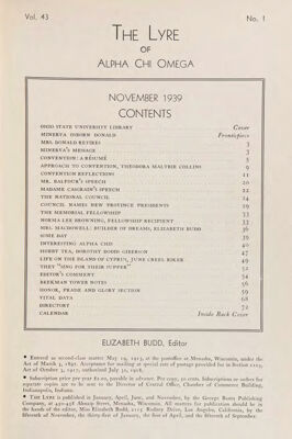 The Lyre of Alpha Chi Omega, Vol. 43, No. 1, November 1939