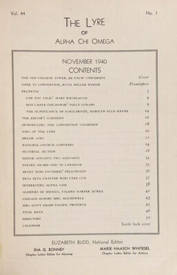 The Lyre of Alpha Chi Omega, Vol. 44, No. 1, November 1940