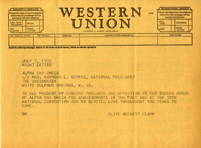 Olive Burnett Clark Telegram, 1955 National Convention