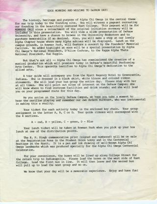 1985 DePauw Day Tour Welcome Letter