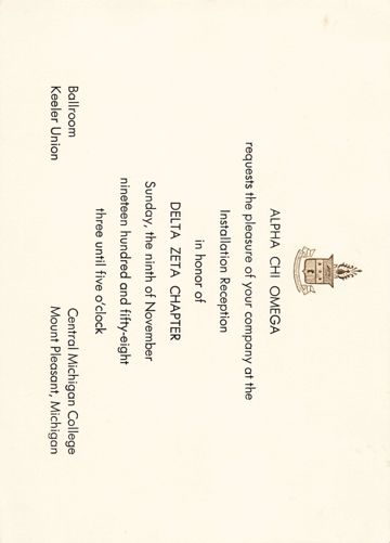 Installation reception invitaton for Delta Zeta (Central Michigan University, 1958