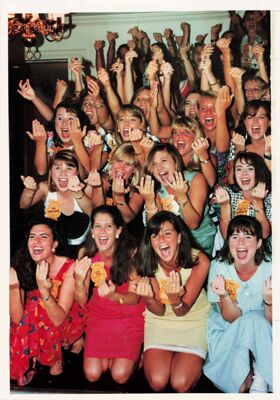 Members of the Alpha Upsilon chapter (University of Alabama) greet potential new members during recritment, ca. 1990s, photograph
