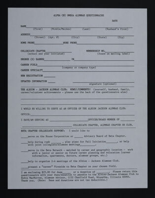 Alpha Chi Omega Alumnae Questionnaire, c. 1989