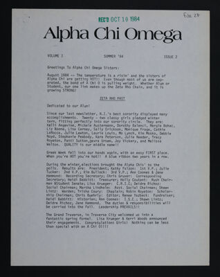 Zeta Rho Newsletter, Vol. 1, No. 2, Summer 1984