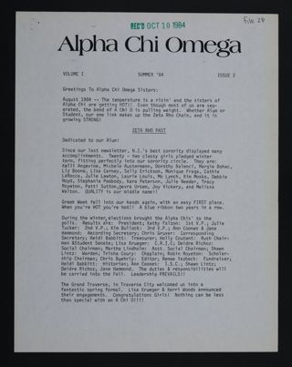 Zeta Rho Newsletter, Vol. 1, No. 2, Summer 1984