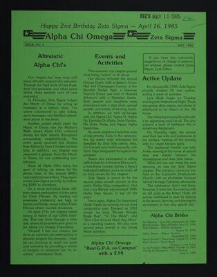 Alpha Chi Omega - Zeta Sigma Newsletter, No. 2, May 1985