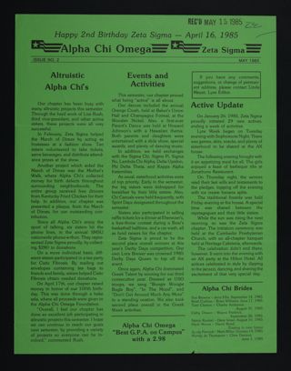 Alpha Chi Omega - Zeta Sigma Newsletter, No. 2, May 1985