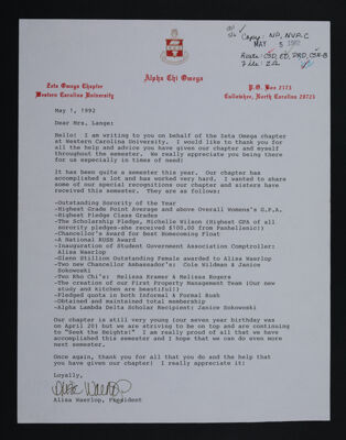 Alisa Waerlop to Mrs. Lange Letter, May 1, 1992