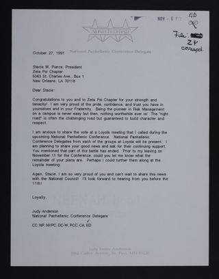 Judy Anderson to Stacie Pierce Letter, October 27, 1991
