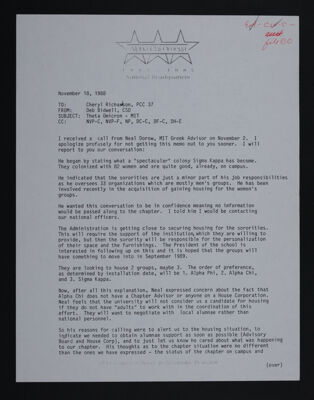 Deb Bidwell to Cheryl Richardson Letter, November 18, 1988