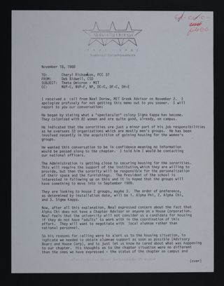 Deb Bidwell to Cheryl Richardson Letter, November 18, 1988