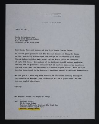 National Council to Mandy Berle and Janet Huff Letter, April 7, 1987