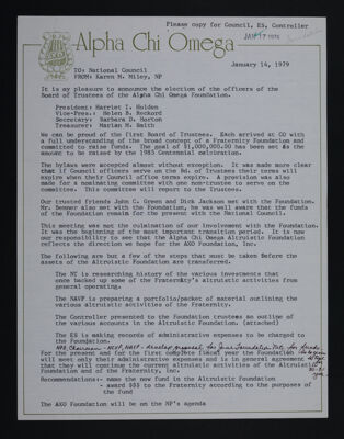 Karen Miley to National Council Letter, January 14, 1979
