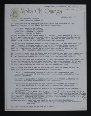 Karen Miley to National Council Letter, January 14, 1979