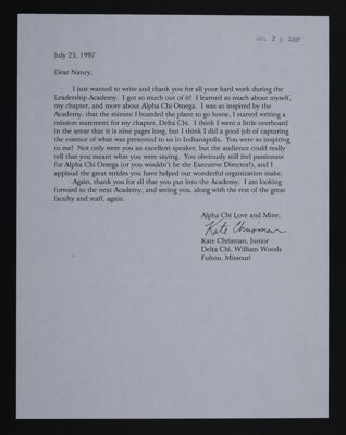 Kate Chrisman to Nancy Leonard Letter, July 25, 1997