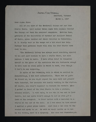 Thelma Belair to Alpha Chis Letter, March 1, 1947