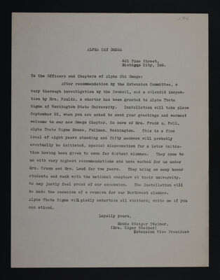 Maude Steiner to Officers and Chapters of Alpha Chi Omega Letter, 1916