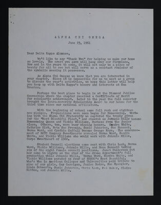 Judy Wanzer to Delta Kappa Alumnae Letter, June 23, 1961
